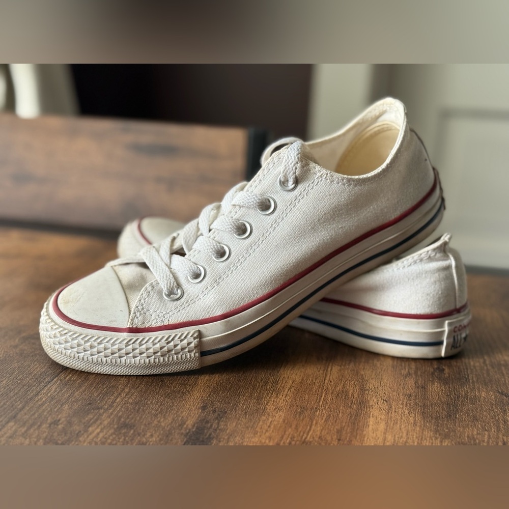 Converse Cream Canvas Sneakers with Red Stripe